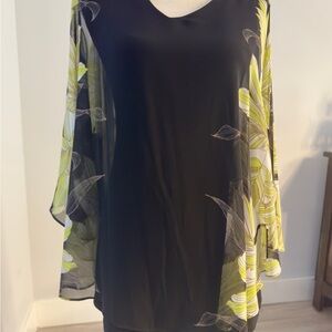 Joseph Ribkoff Black and Green Boxy Blouse with V-Neck